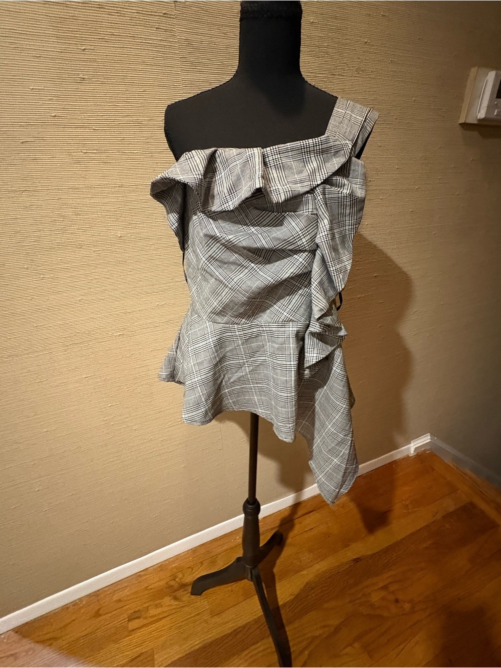 Eloquii Gray Plaid One-Shoulder Ruffle Dress